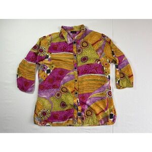 Front Street Womens Abstract Geometric Patchwork Button Down Shirt 3/4 Sleeve XL